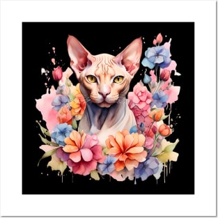 A sphynx cat decorated with beautiful watercolor flowers Posters and Art